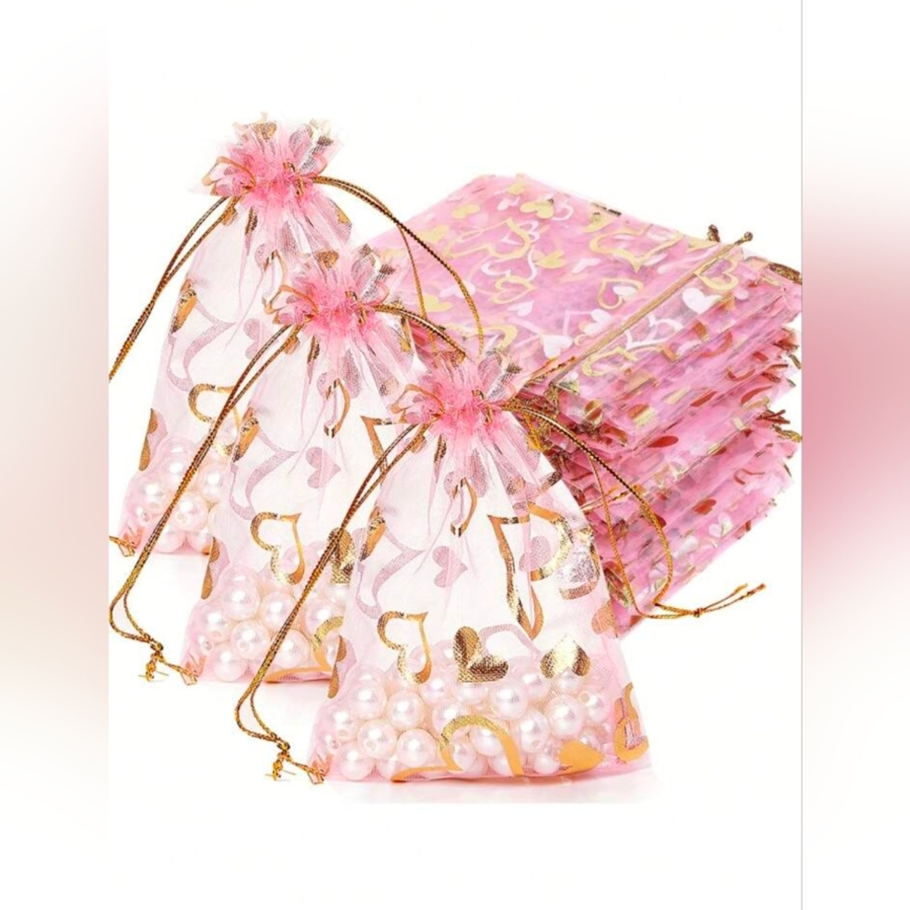 10pcs Heart Pink and Gold Organza Gift Bags - Picture 4 of 5
